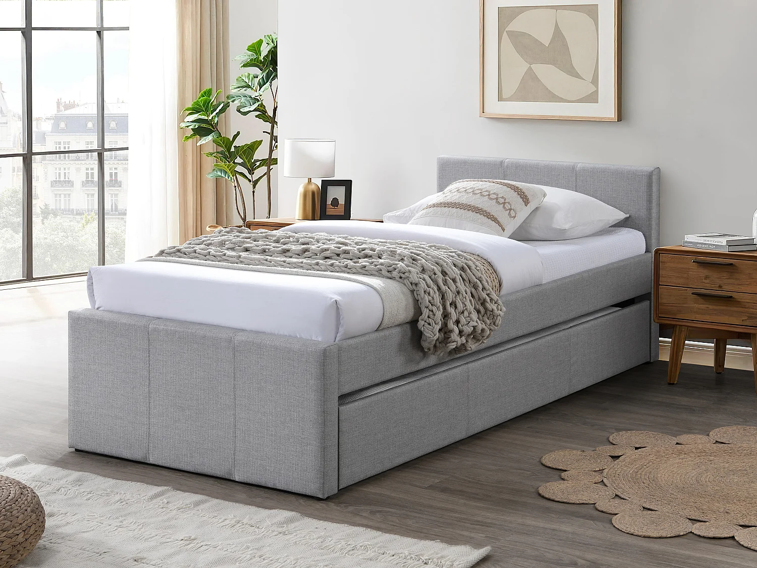 Lit gigogne 90 x 190 cm - Tissu - Gris + Matelas - DORITALO