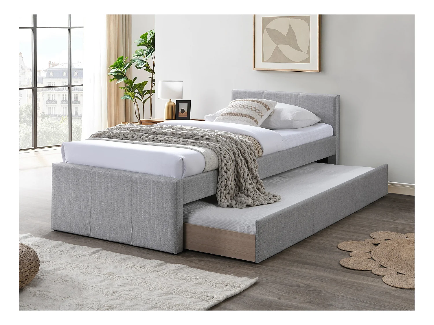 Cama nido 90 x 190 cm - Tela - Gris + Colchón - DORITALO