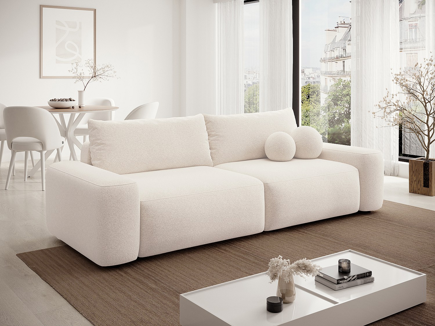 Sofa mit Schlaffunktion 4-Sitzer - melierter Stoff - Cremefarben - DAVISO günstig online kaufen