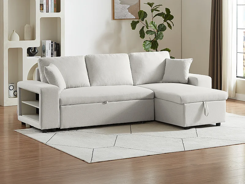 Ecksofa mit Schlaffunktion & Bettkasten + Sessel - Stoff - Beige - SELIM