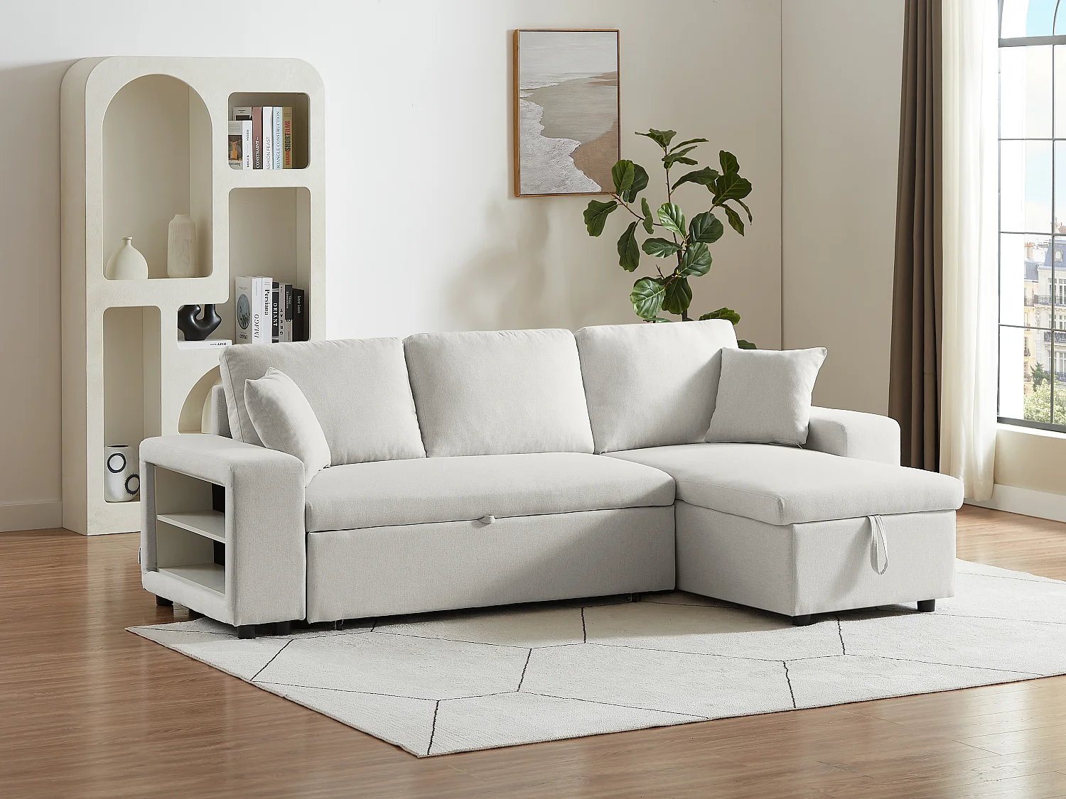 Canapé d'angle convertible et réversible avec rangements et poufs en tissu beige SELIM