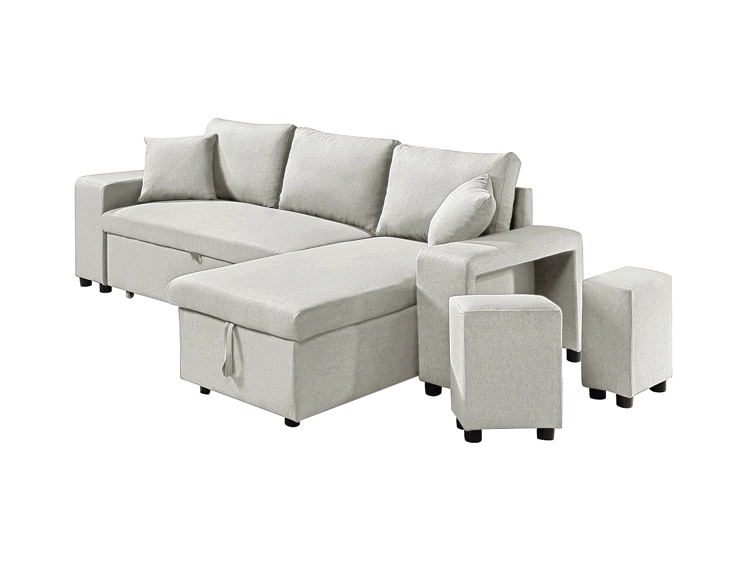Canapé d'angle convertible et réversible avec rangements et poufs en tissu beige SELIM