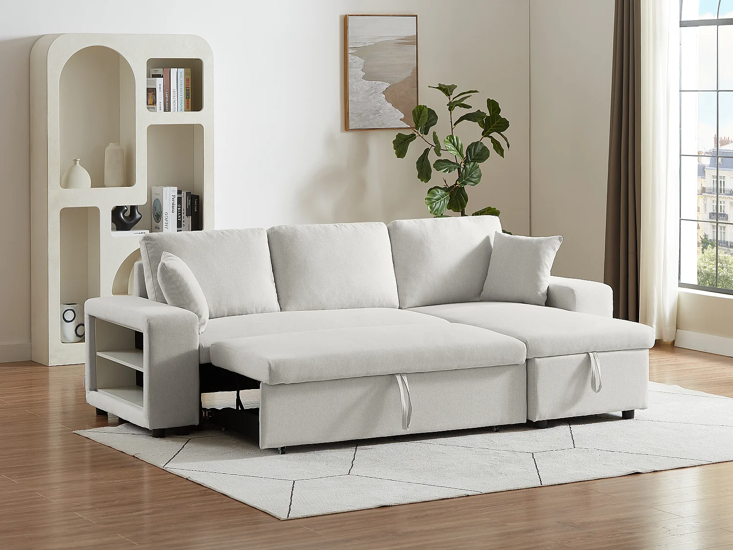 Konvertibel hjørnesofa med vendbar funksjon, oppbevaringsrom og puffer i beige stoff SELIM