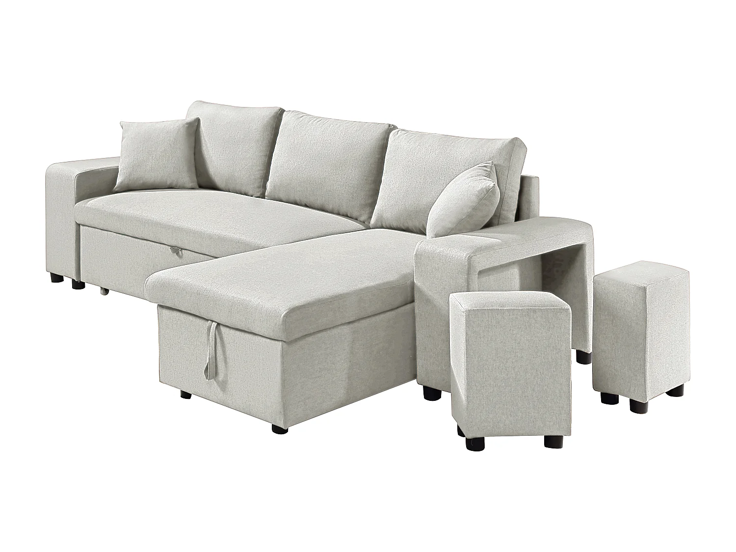 Canapé d'angle convertible et réversible avec rangements et poufs en tissu beige SELIM