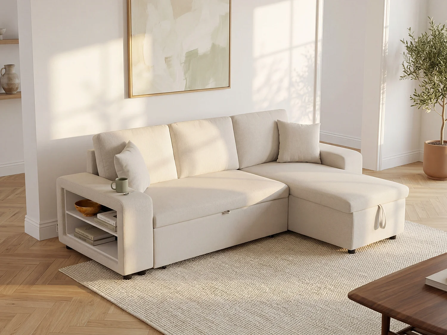 Canapé d'angle convertible et réversible avec rangements et poufs en tissu beige SELIM