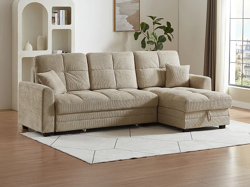 Bäddsoffa med hörn och vändbar i beige chenilltyg LUMARIO