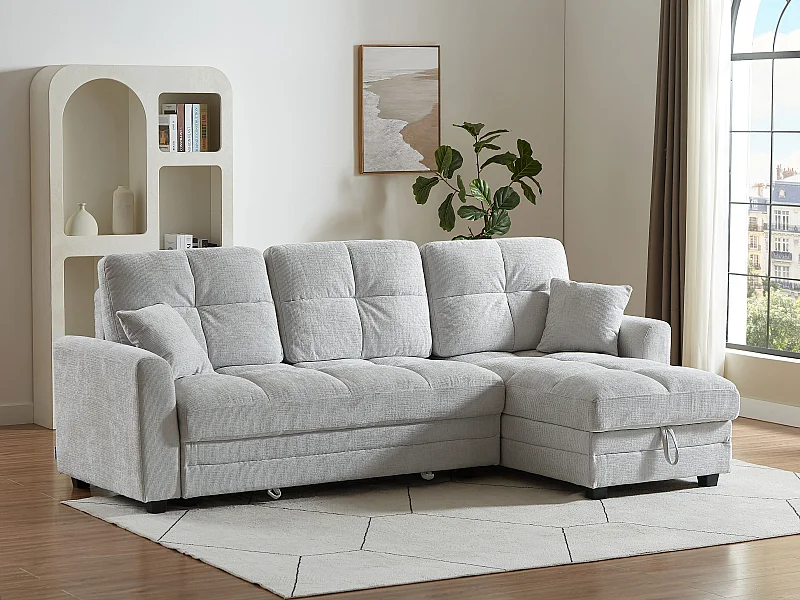 Ecksofa mit Schlaffunktion & Ecke wechselbar - Chenille-Stoff - Hellgrau - LUMARIO