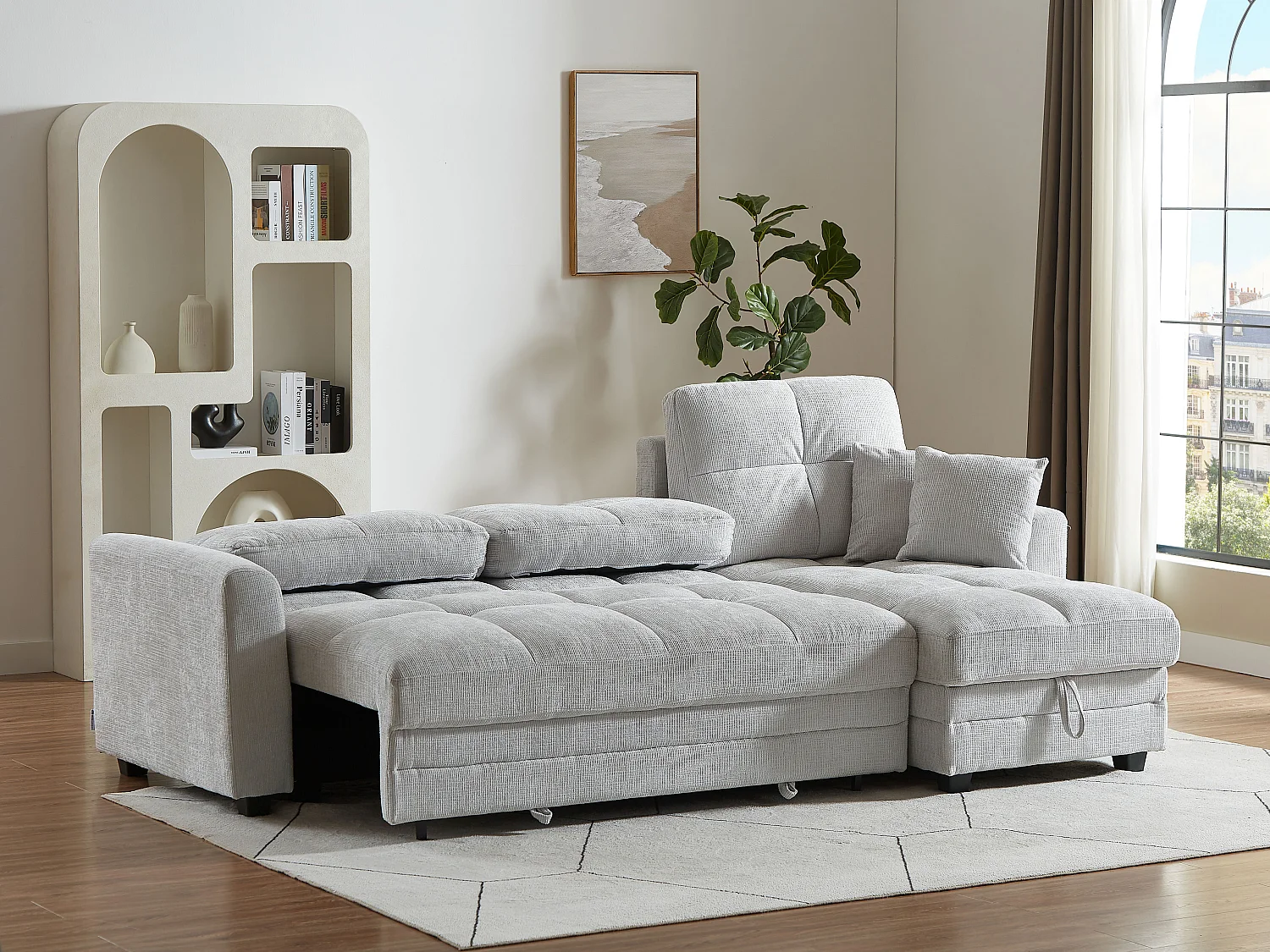 Canapé d'angle convertible et réversible en tissu chenille gris clair LUMARIO