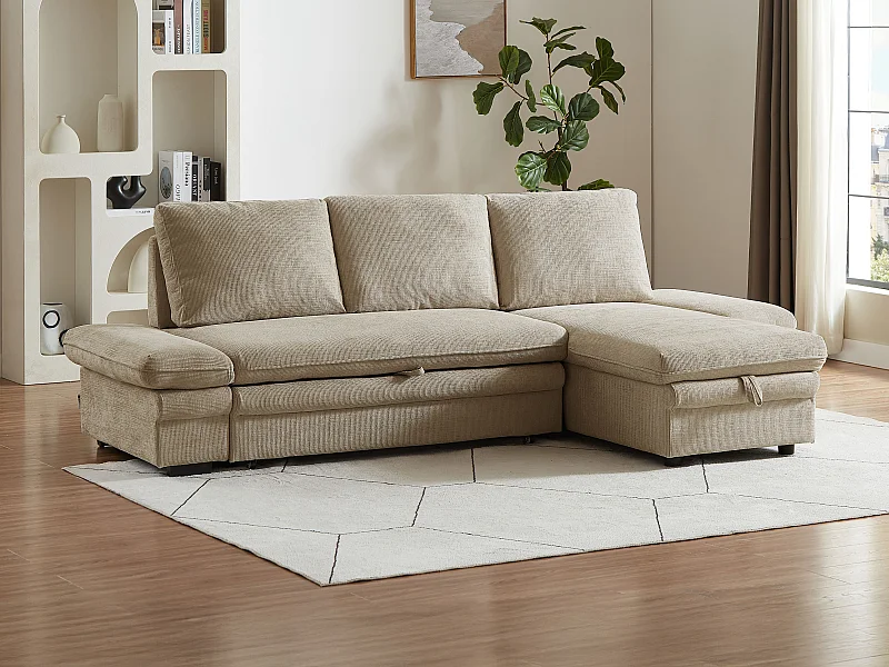 Canapé d'angle convertible et réversible en tissu chenille beige SIVIARA