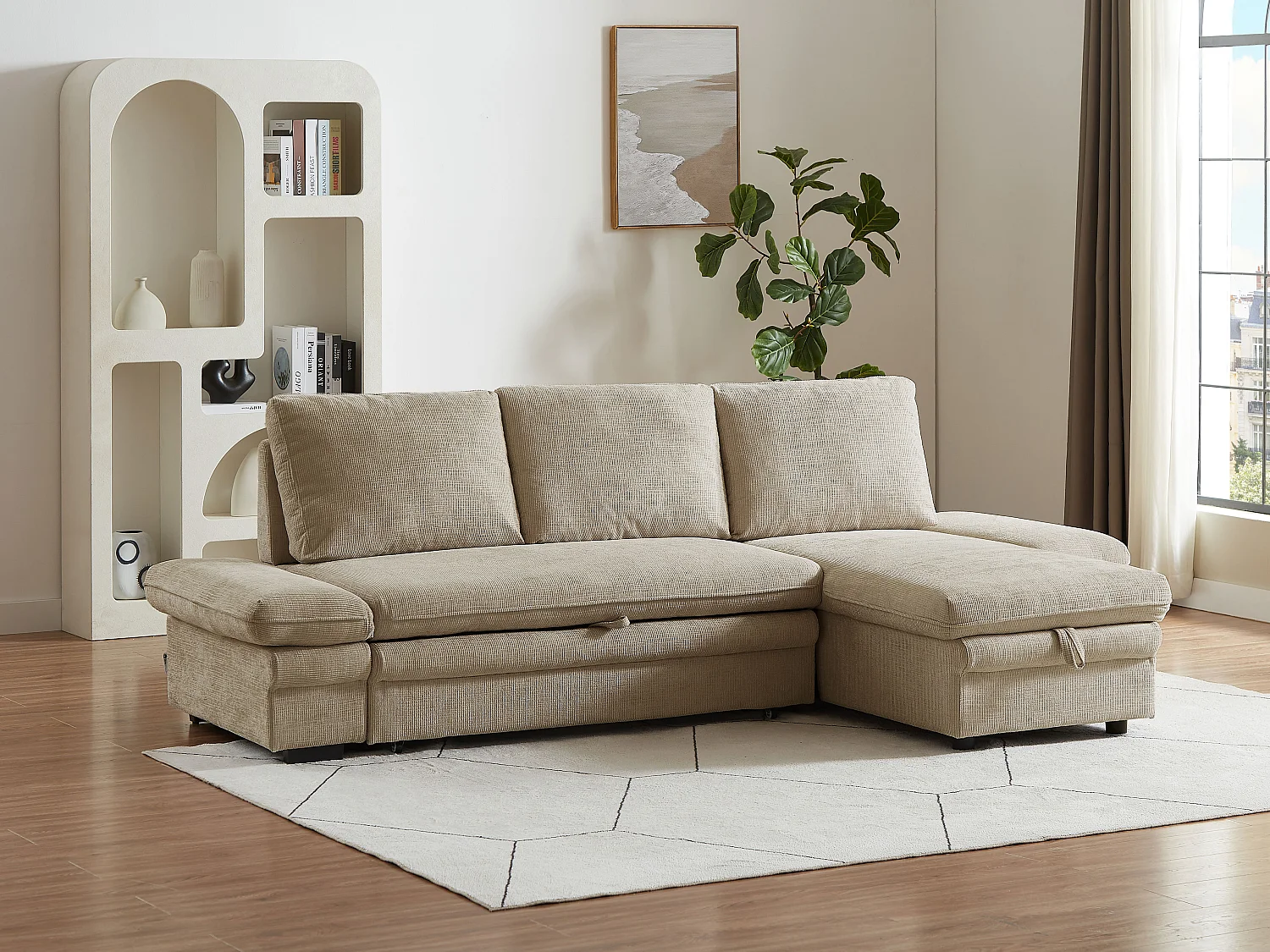Canapé d'angle convertible et réversible en tissu chenille beige SIVIARA