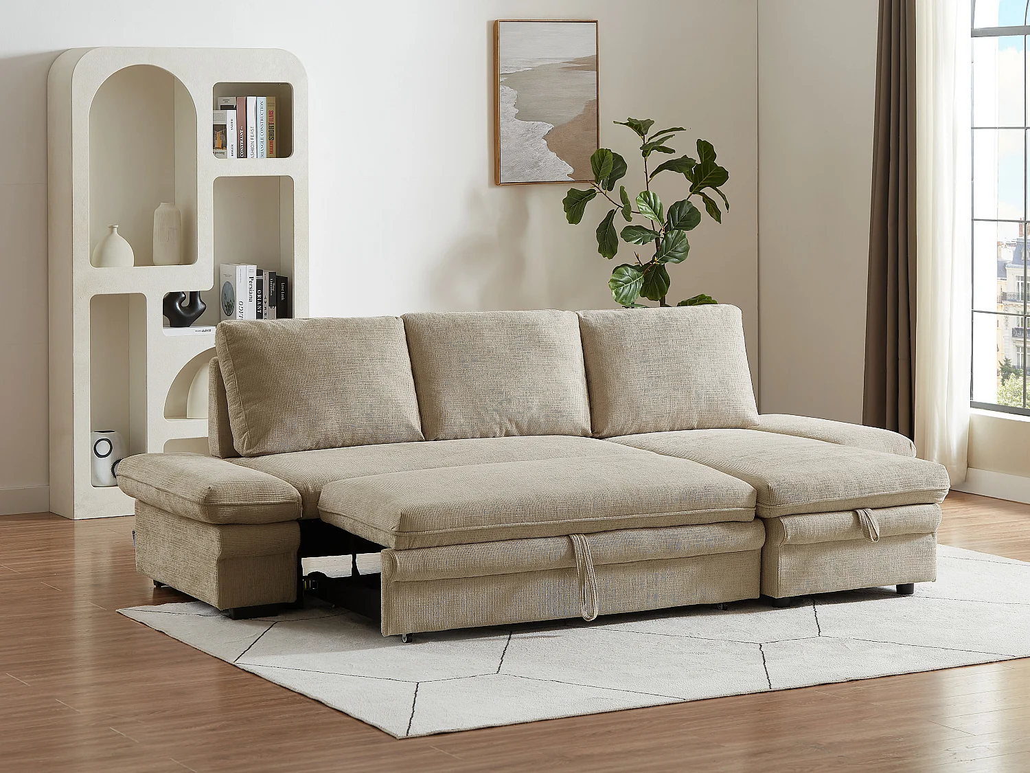 Canapé d'angle convertible et réversible en tissu chenille beige SIVIARA