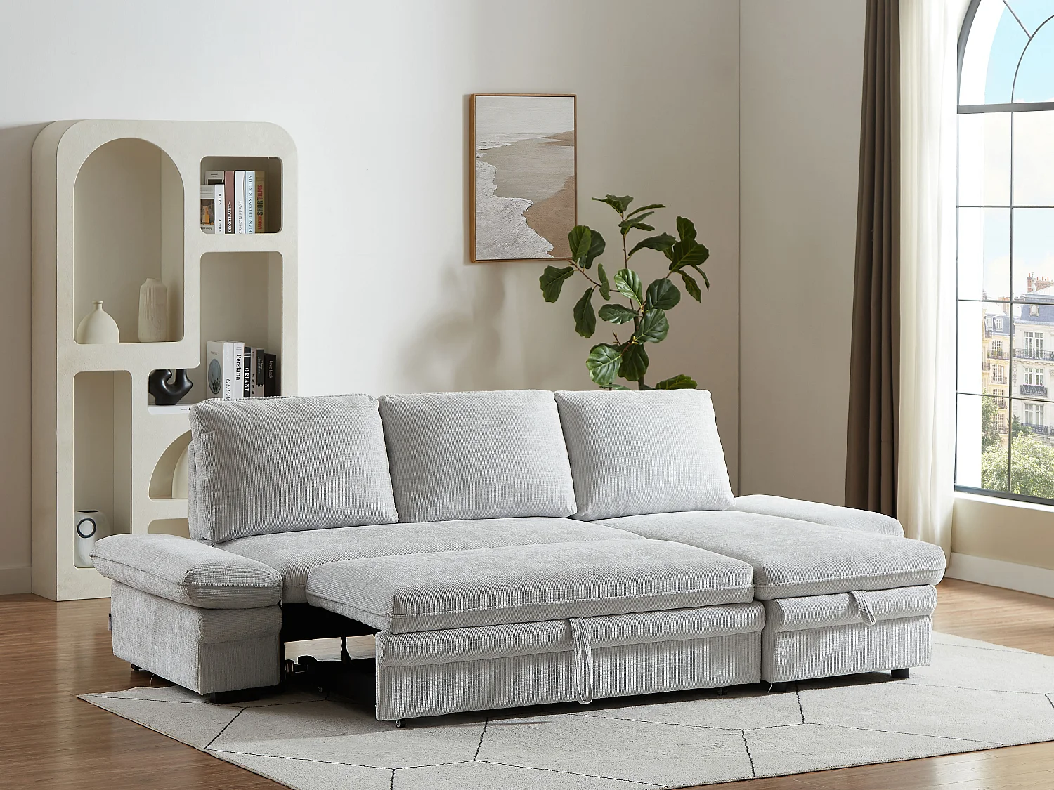 Canapé d'angle convertible et réversible en tissu chenille gris clair SIVIARA