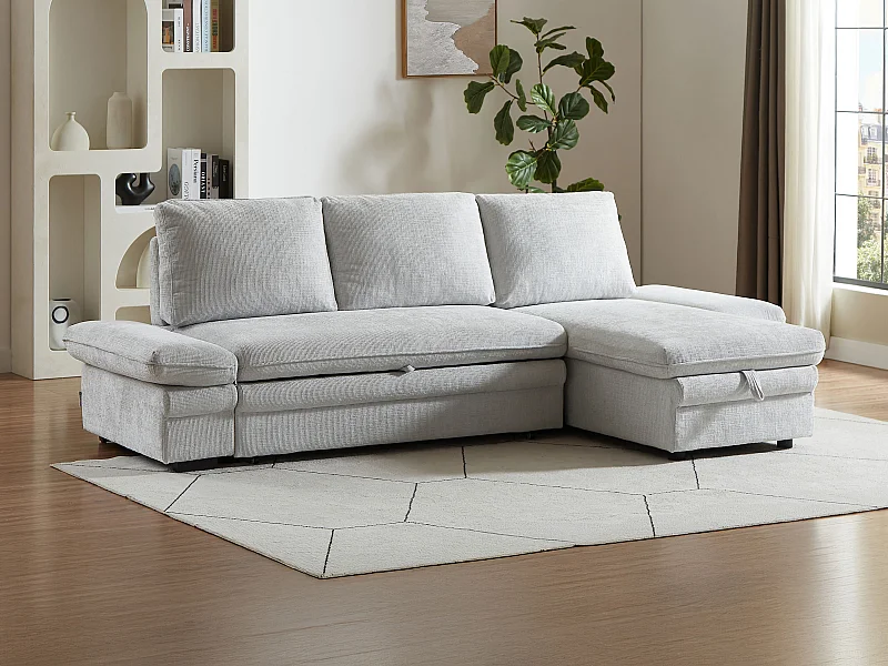 Ecksofa mit Schlaffunktion & Ecke wechselbar - Chenille-Stoff - Hellgrau - SIVIARA