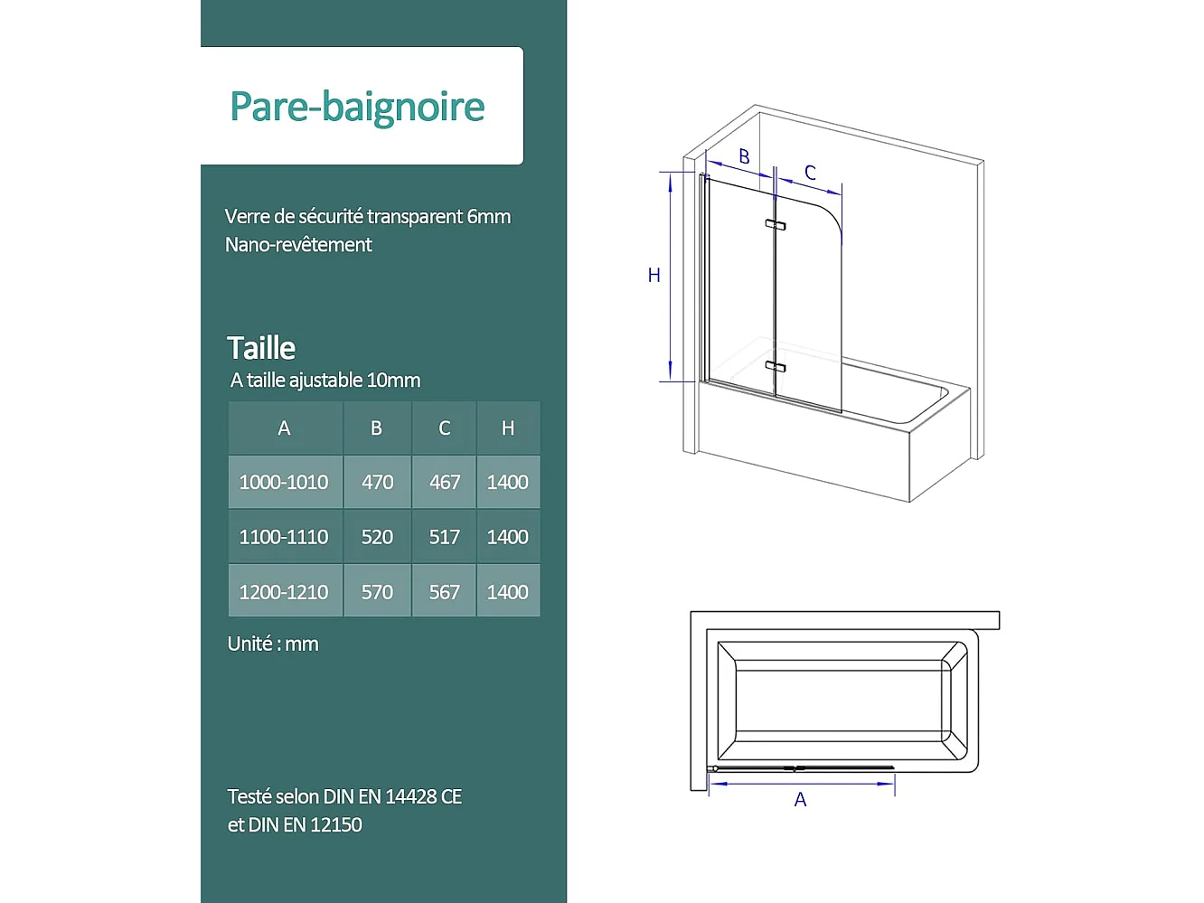 EMKE Badwand - Inklapbaar - 110x140cm - Zwart - 6mm Helder Veiligheidsglas - Nano Coating - Aluminium Profiel - Badscherm