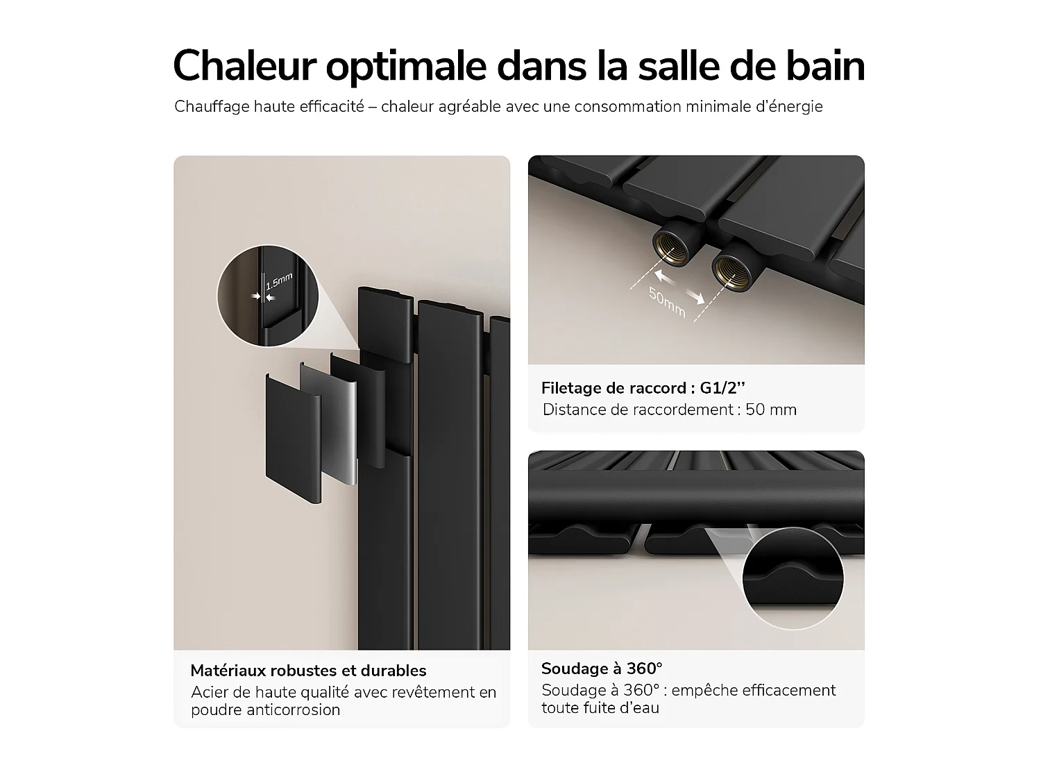 EMKE Radiateur Chauffage Central 180 x 30 cm 559W – Radiateur Eau Chaude Vertical Étroit en Acier Noir