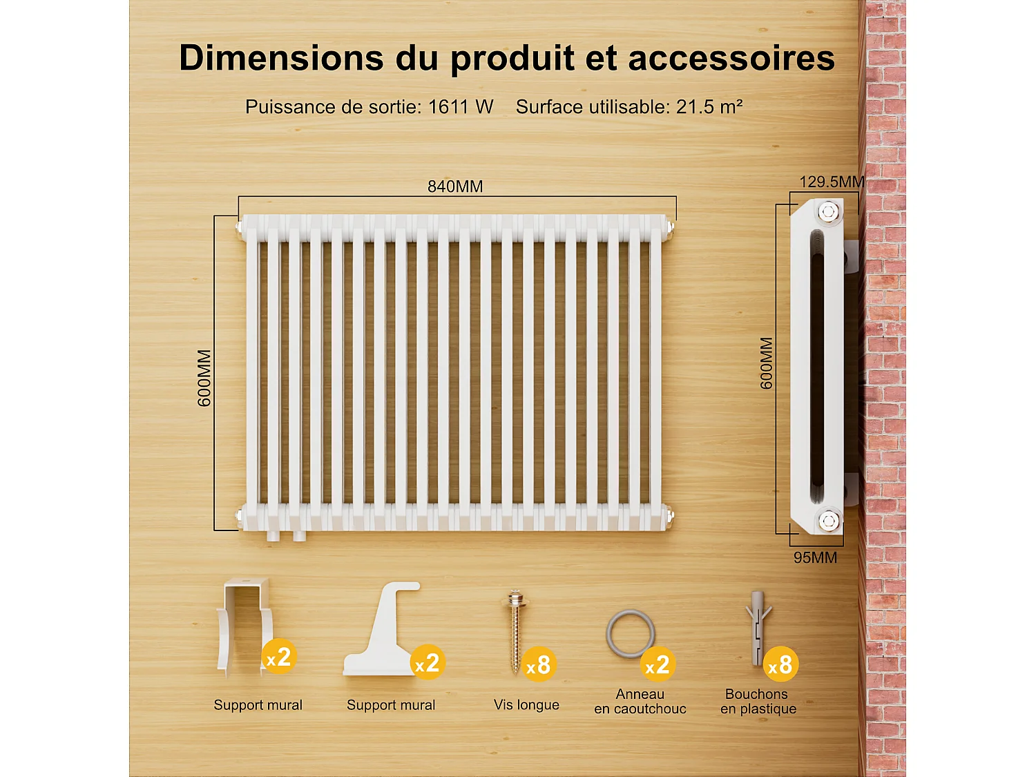 EMKE Radiateur eau chaude horizontal en acier H.60 × L.84 cm 1383 W Le design Chauffage central blanc