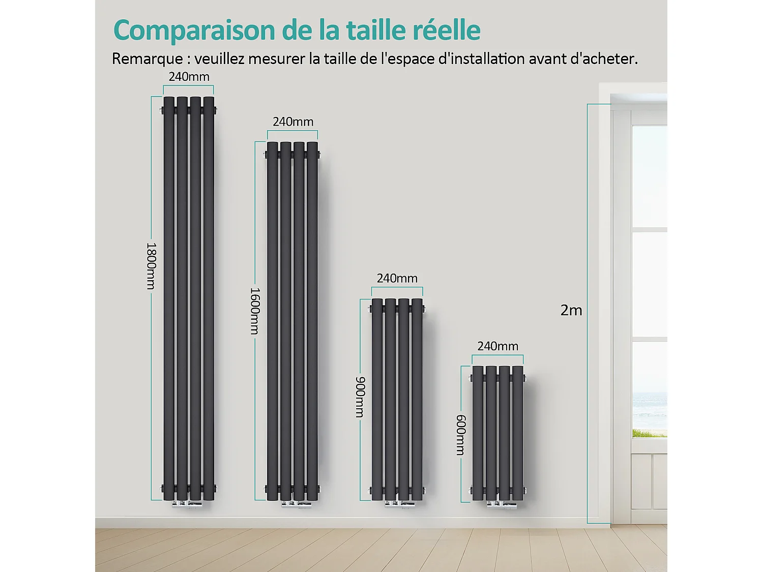EMKE Radiateur eau chaude verticale en acier H.60 × L.24 cm 248 W Classique Chauffage central simple couche noir