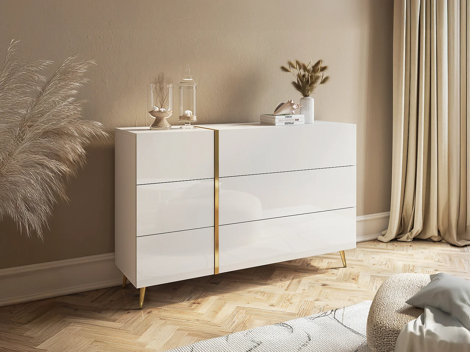 Commode 6 tiroirs - Blanc brillant et doré - MARZIALO