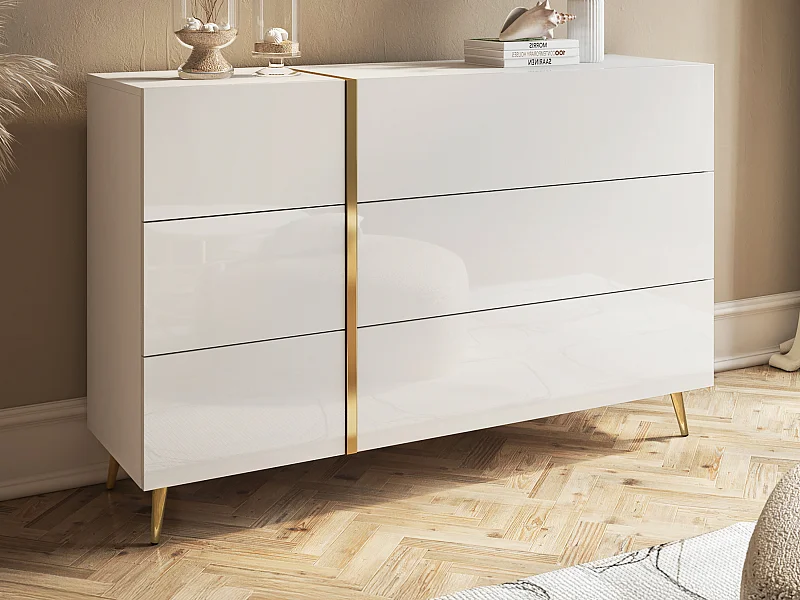 Commode 6 tiroirs - Blanc brillant et doré - MARZIALO