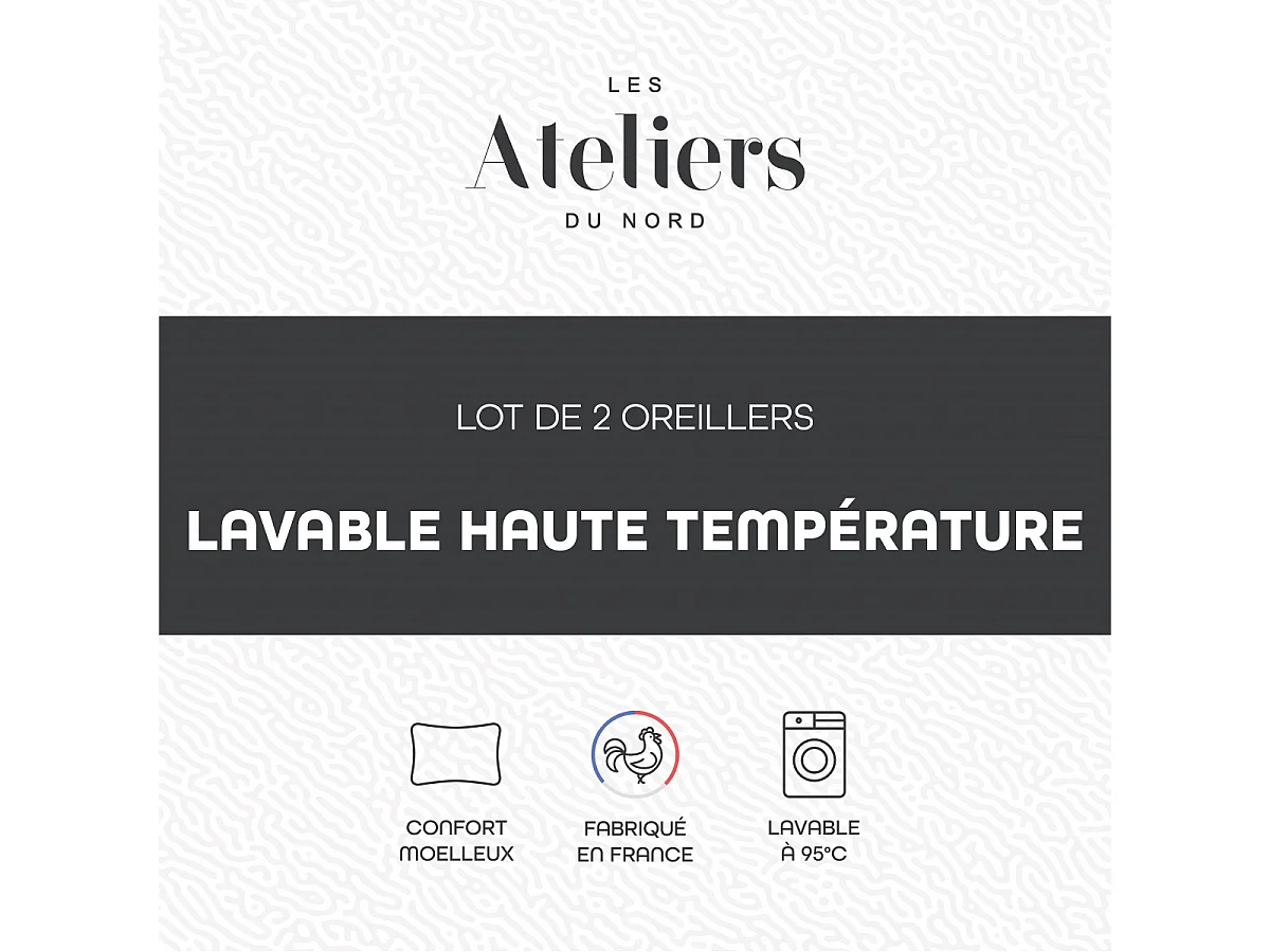 Lot de 2 Oreillers Lavage 95° 60x60cm