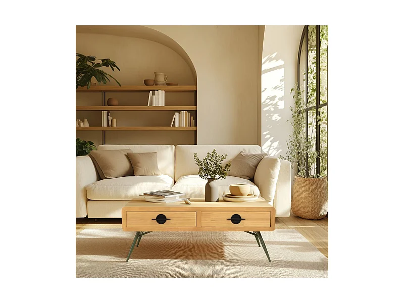 HELENA - Table basse 2 tiroirs pin couleur naturelle pieds métal vert