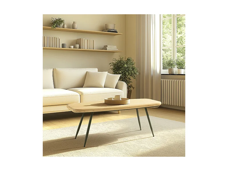 HELENA - Table basse plateau en bois pin pieds scandinaves métal vert