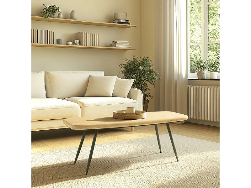 HELENA - Table basse plateau en bois pin pieds scandinaves métal vert