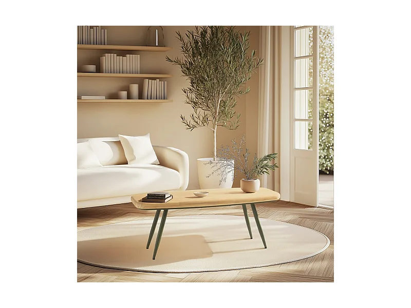 HELENA - Table basse plateau en bois pin pieds scandinaves métal vert