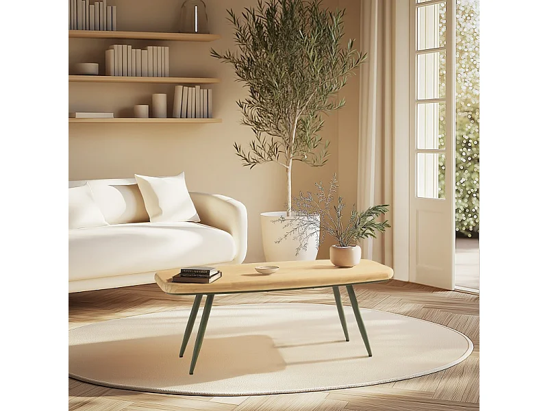 HELENA - Table basse plateau L100cm en bois pin pieds vert