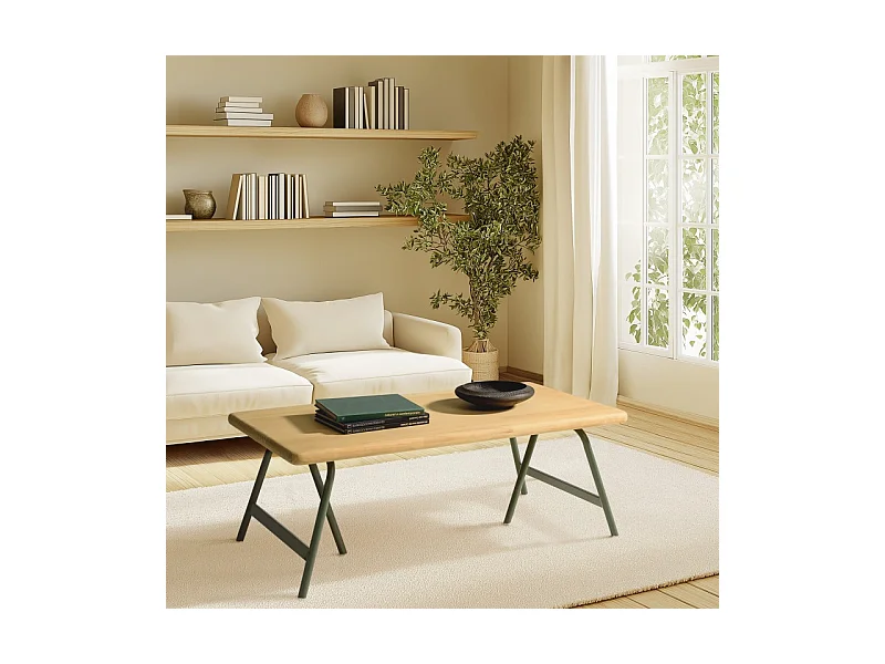 HELENA - Table basse plateau en pin et pieds tréteaux en métal vert