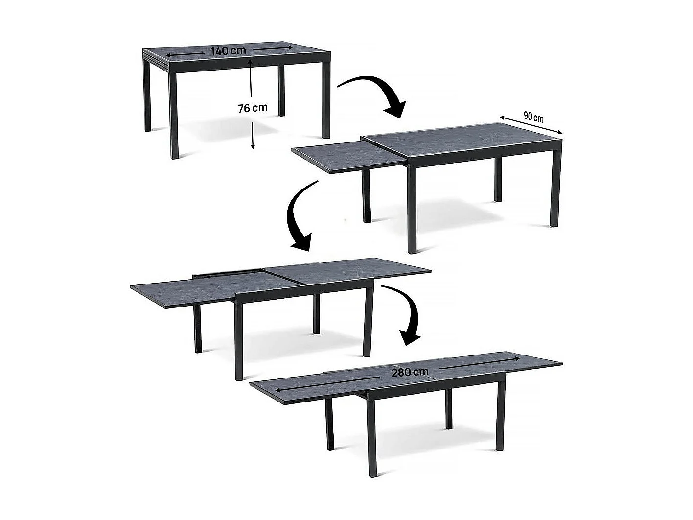 Table de jardin en aluminium extensible "Lagos" - 140/280 x 90 x 76 cm - Noir
