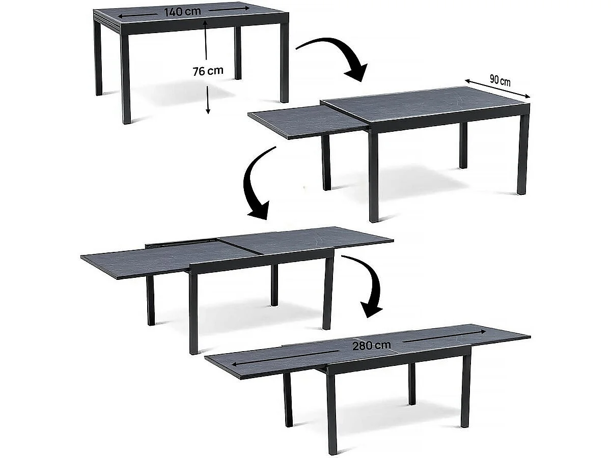 Table de jardin en aluminium extensible "Lagos" - 140/280 x 90 x 76 cm - Noir