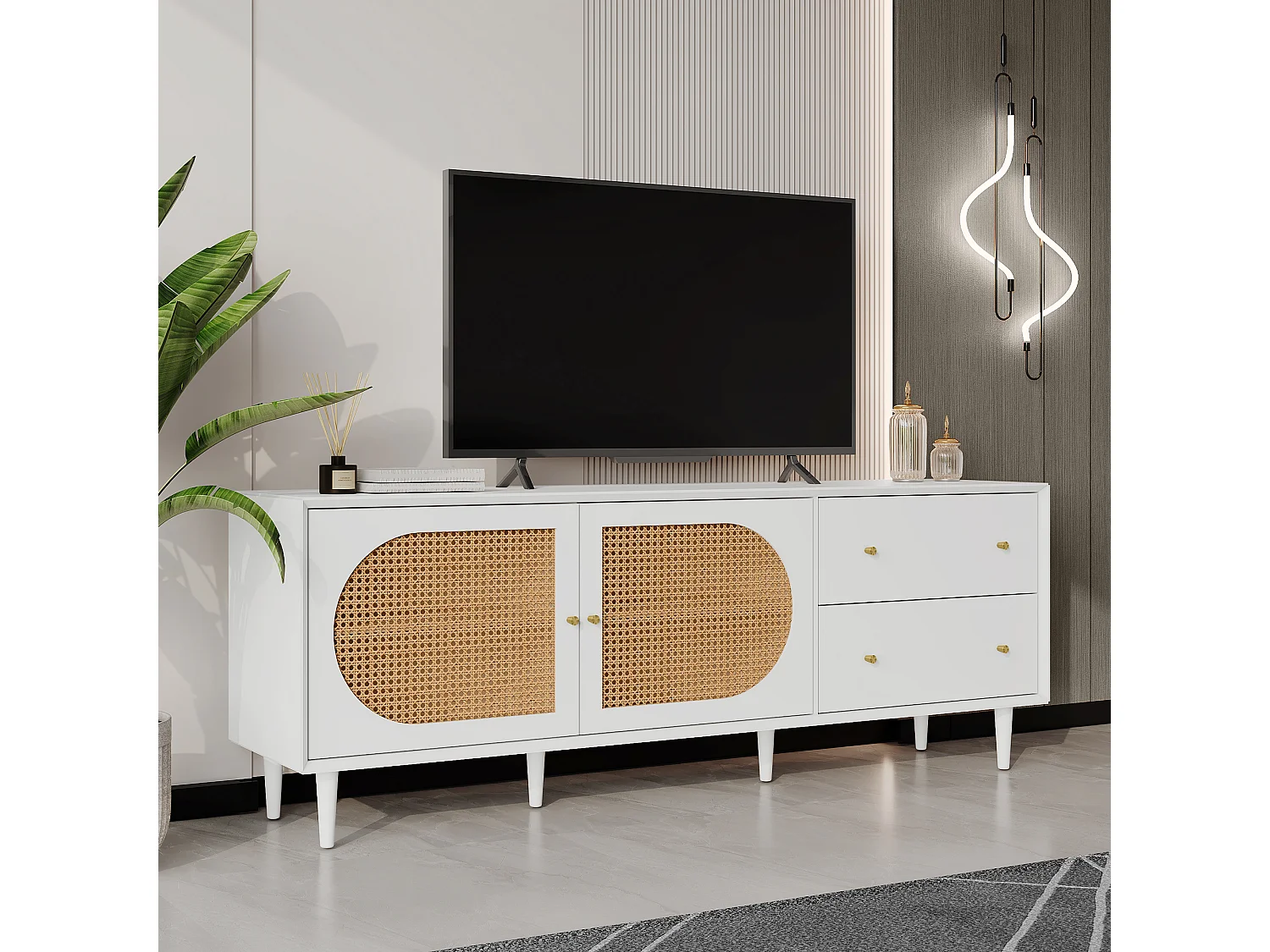 Meuble TV blanc effet bois 2 tiroirs 2 portes en rotin 180*40*65cm DRAKKAX