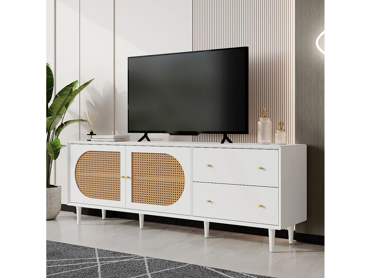 Meuble TV blanc effet bois 2 tiroirs 2 portes en rotin 180*40*65cm DRAKKAX