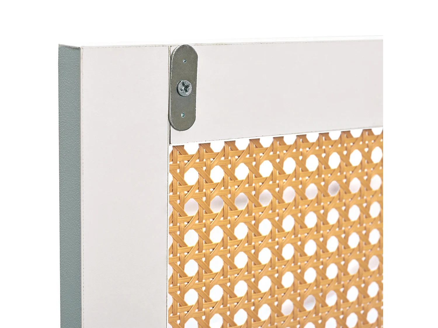 Meuble TV blanc effet bois 2 tiroirs 2 portes en rotin 180*40*65cm DRAKKAX