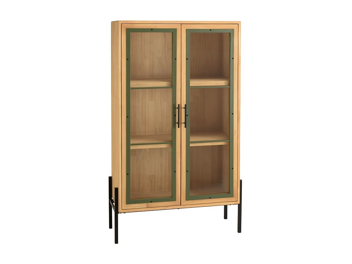 HELENA - Vaisselier 2 portes vitrées vert bois pin et métal noir