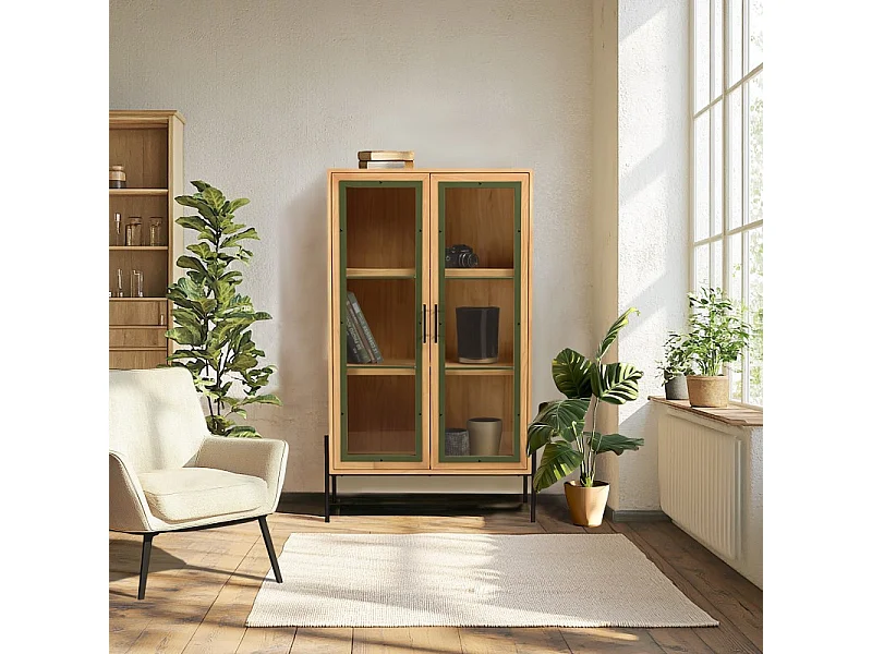 HELENA - Vaisselier 2 portes vitrées vert bois pin et métal noir