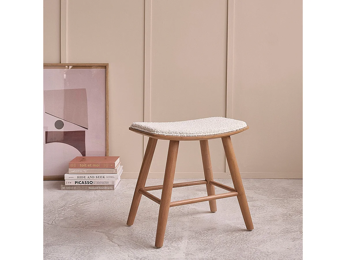 Tabouret en teck massif assise bouclette 45 cm