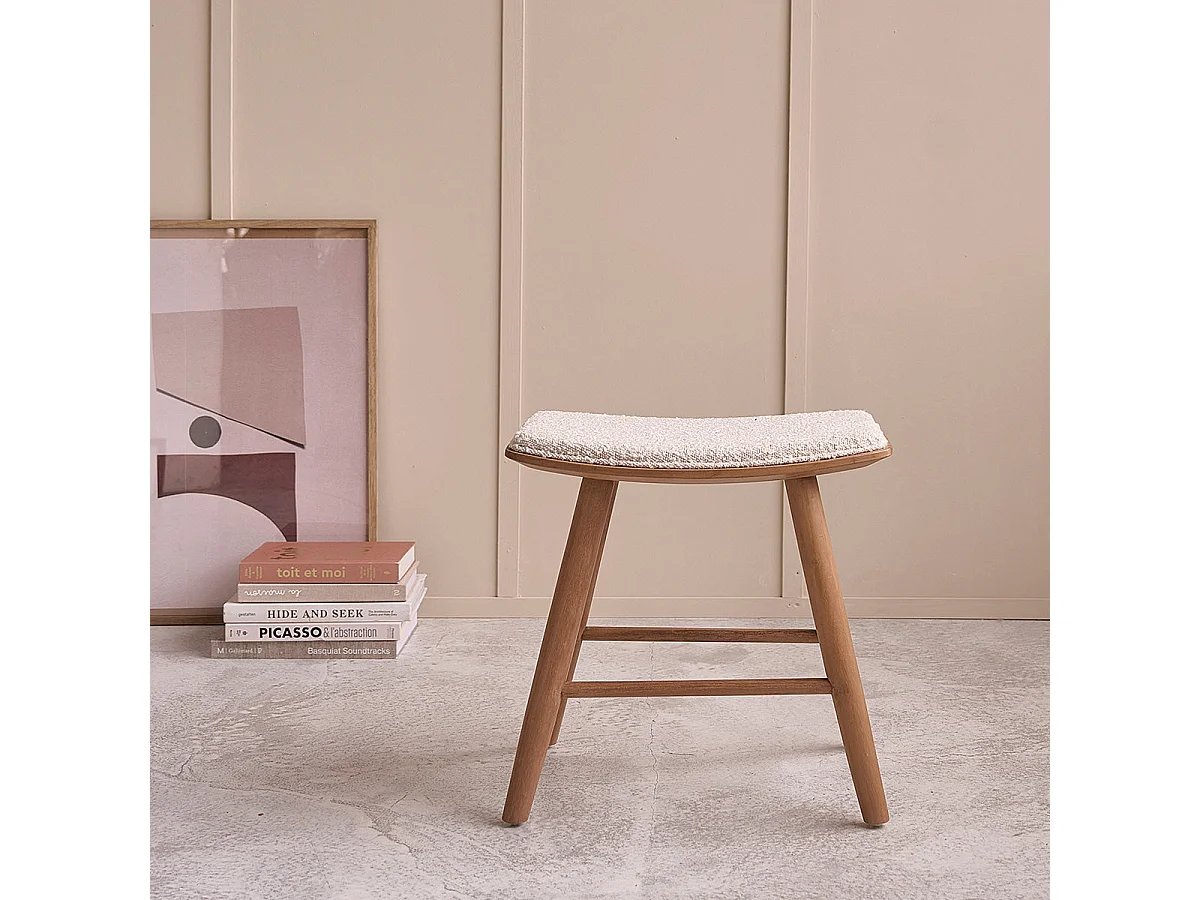 Sgabello in teak massello con seduta bouclé 45 cm