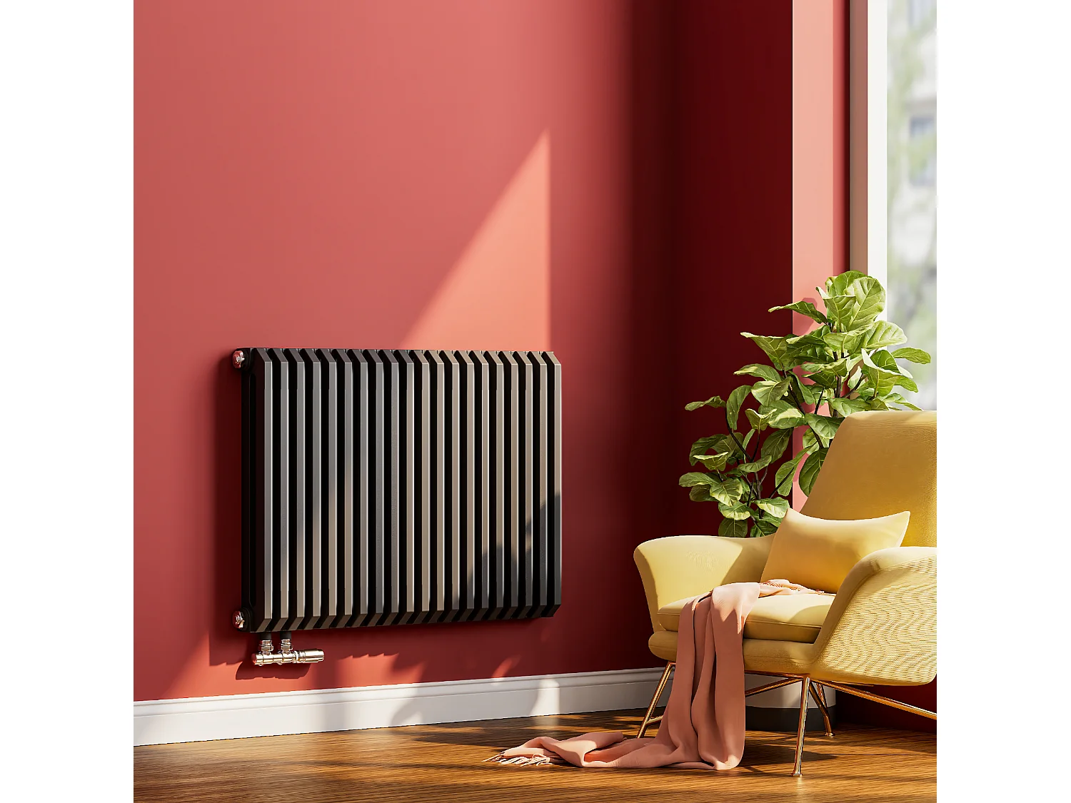 EMKE Design Heizkörper 600x840 mm, D-Form Flachheizkörper Horizontal Heizkörper Seitenanschluss Paneelheizkörper Doppellagig Anthrazit 1383W