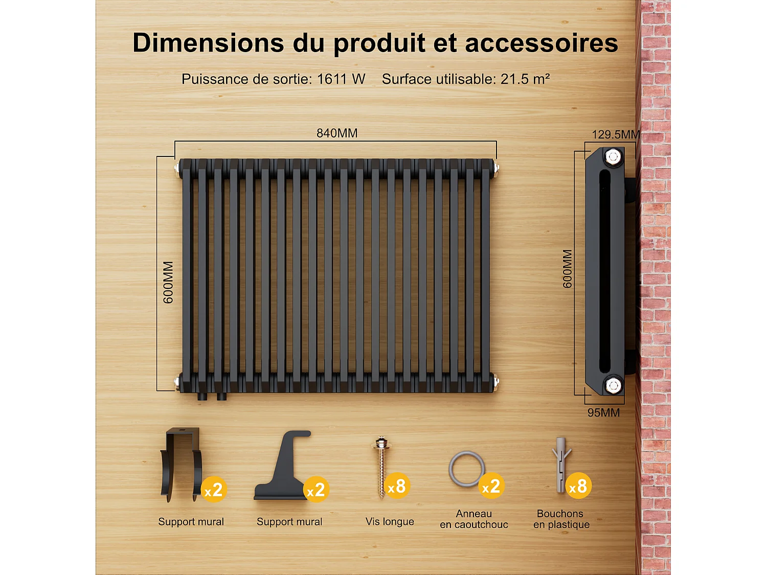 EMKE Design Heizkörper 600x840 mm, D-Form Flachheizkörper Horizontal Heizkörper Seitenanschluss Paneelheizkörper Doppellagig Anthrazit 1383W