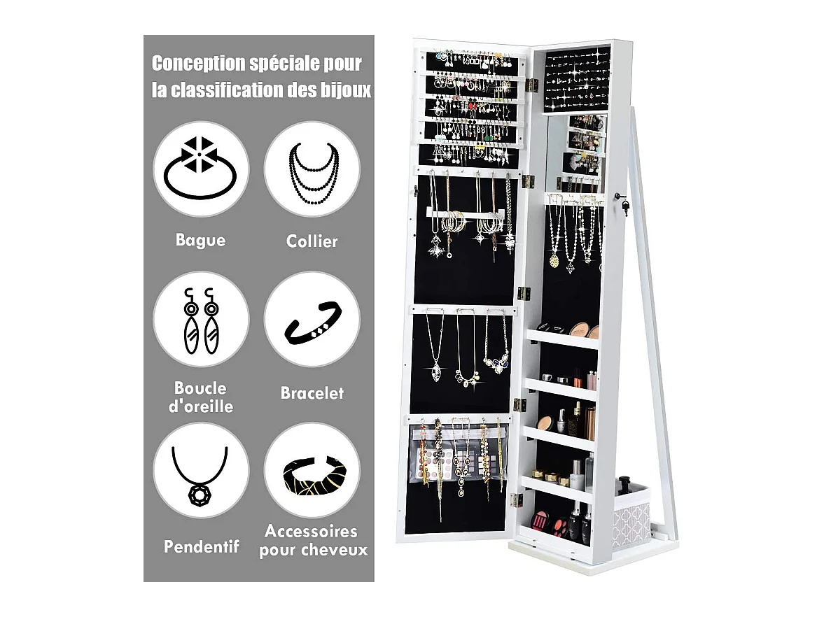 Vrijstaande sieradenkast, grote HD-spiegel en ingebouwde make-upspiegel, met 91 ringgleuven, 30 kettinghaken, 100 oorbelgleuven (wit)