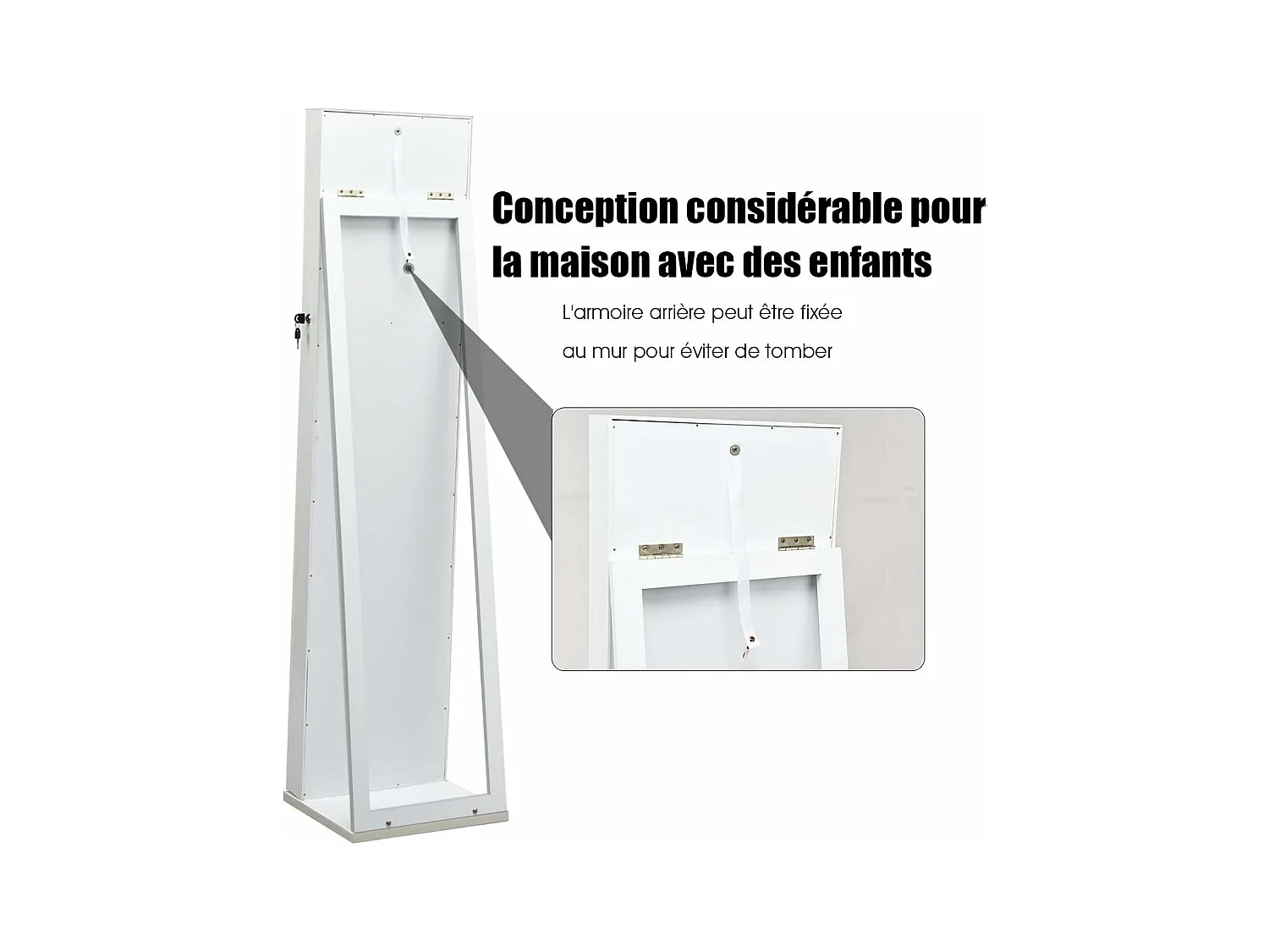 Vrijstaande sieradenkast, grote HD-spiegel en ingebouwde make-upspiegel, met 91 ringgleuven, 30 kettinghaken, 100 oorbelgleuven (wit)