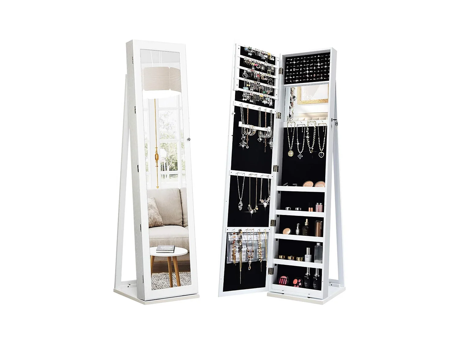 Armoire à Bijoux sur Pieds, Miroir HD Pleine Longueur et Miroir de Maquillage Intégré, avec 91 Fentes pour Bagues 30 Crochets Collier, 100 Emplacements Boucle d’Oreilles (Blanc)