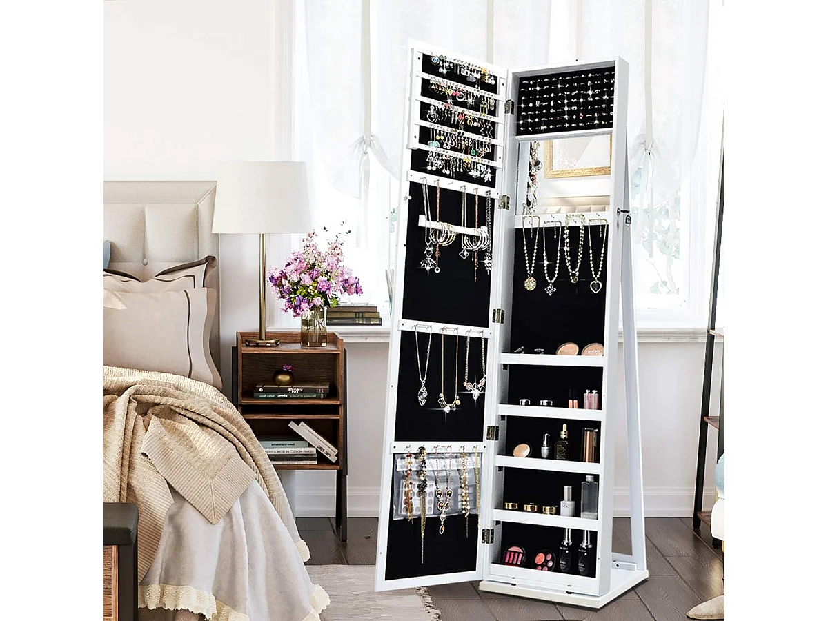 Armoire à Bijoux sur Pieds, Miroir HD Pleine Longueur et Miroir de Maquillage Intégré, avec 91 Fentes pour Bagues 30 Crochets Collier, 100 Emplacements Boucle d’Oreilles (Blanc)