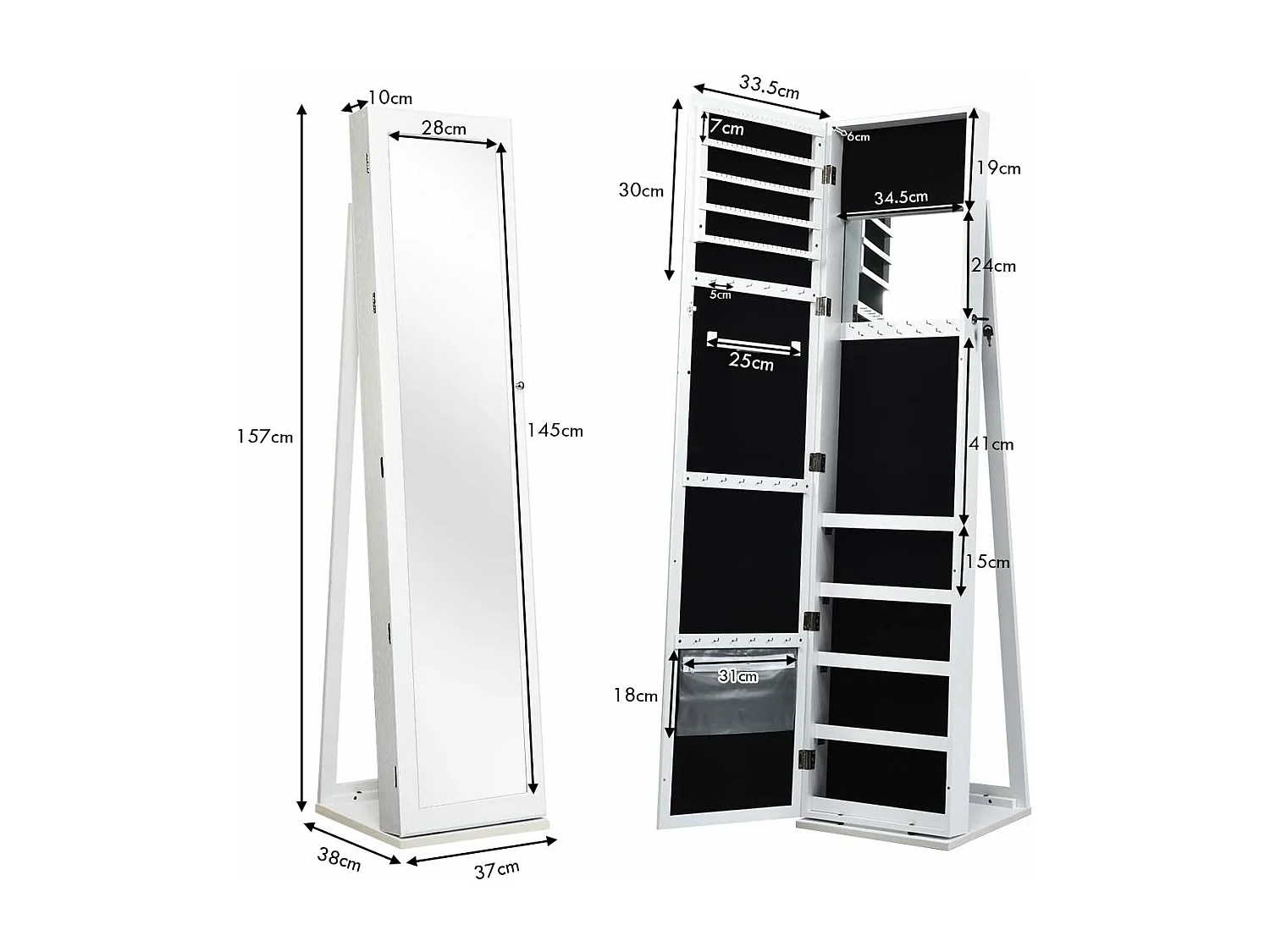 Armoire à Bijoux sur Pieds, Miroir HD Pleine Longueur et Miroir de Maquillage Intégré, avec 91 Fentes pour Bagues 30 Crochets Collier, 100 Emplacements Boucle d’Oreilles (Blanc)