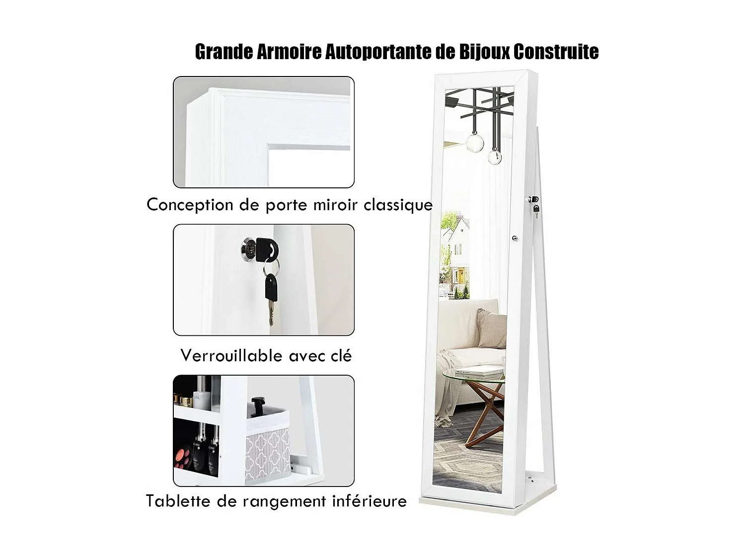 Armoire à Bijoux sur Pieds, Miroir HD Pleine Longueur et Miroir de Maquillage Intégré, avec 91 Fentes pour Bagues 30 Crochets Collier, 100 Emplacements Boucle d’Oreilles (Blanc)