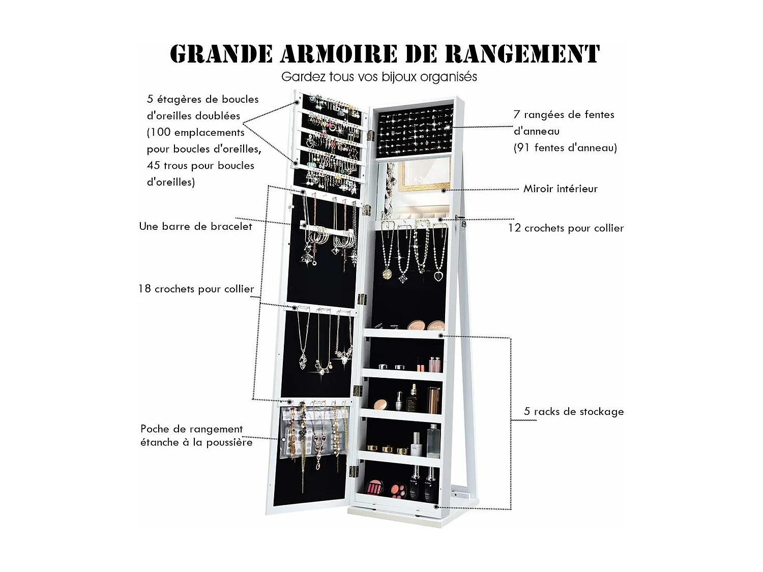 Armoire à Bijoux sur Pieds, Miroir HD Pleine Longueur et Miroir de Maquillage Intégré, avec 91 Fentes pour Bagues 30 Crochets Collier, 100 Emplacements Boucle d’Oreilles (Blanc)