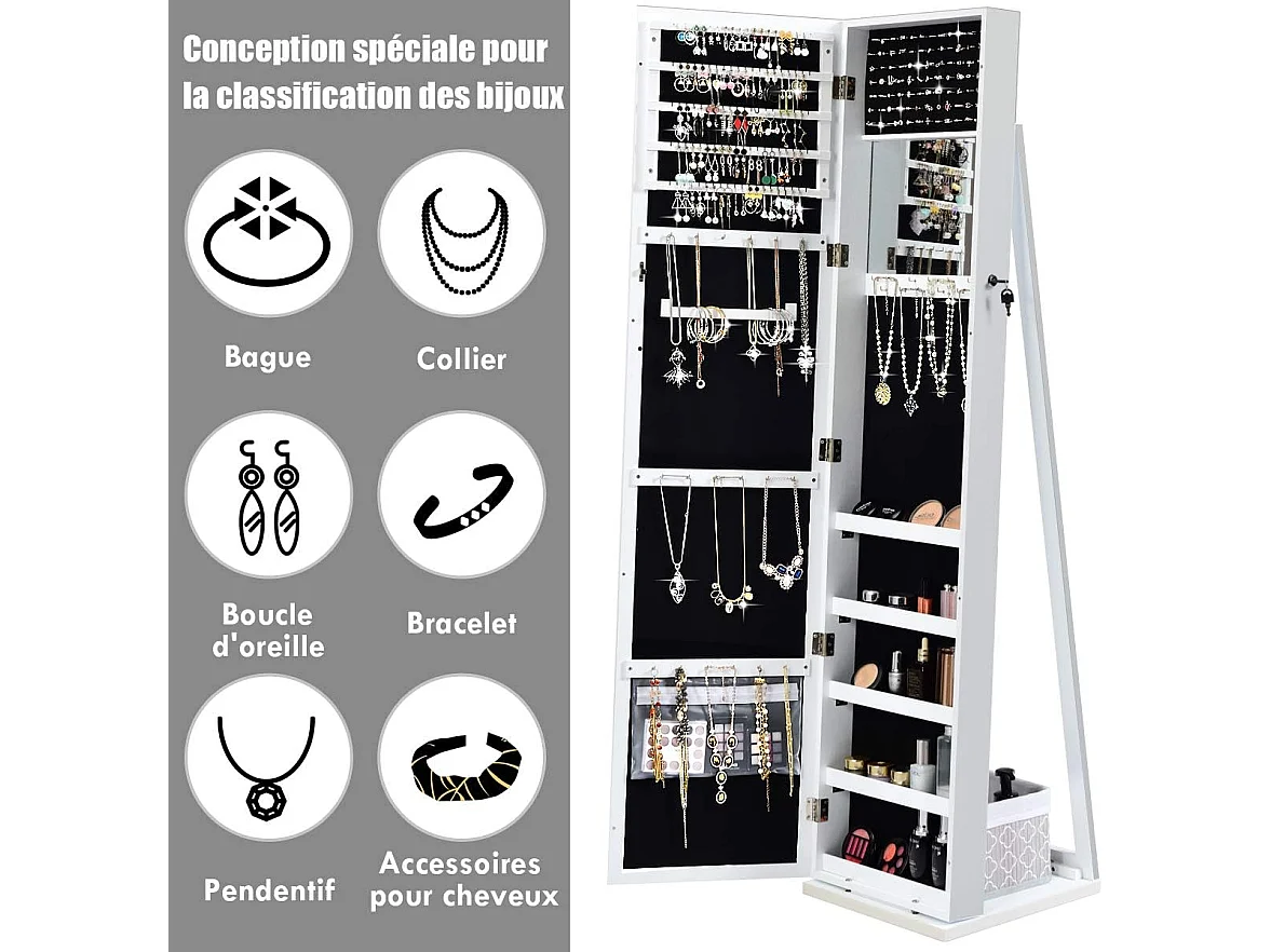 Armoire à Bijoux sur Pieds, Miroir HD Pleine Longueur et Miroir de Maquillage Intégré, avec 91 Fentes pour Bagues 30 Crochets Collier, 100 Emplacements Boucle d’Oreilles (Blanc)