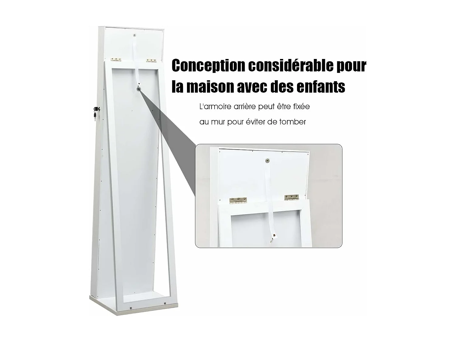 Armoire à Bijoux sur Pieds, Miroir HD Pleine Longueur et Miroir de Maquillage Intégré, avec 91 Fentes pour Bagues 30 Crochets Collier, 100 Emplacements Boucle d’Oreilles (Blanc)